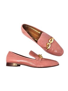 Tory Burch Jessa Loafers Slip On Square Toe Leather Rosy Pink Gold Size 8.5M